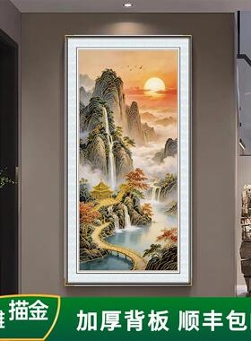 高山流水生财浮雕描金装饰画玄关挂画入户画走廊过道入户画山水画