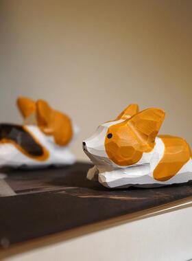 飞行柯基手工木雕小装饰品卡通动物工作站桌面可爱的解压显示装饰