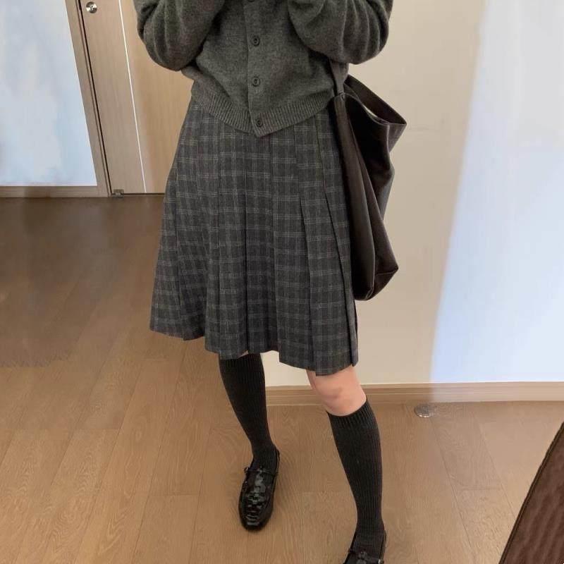 深灰色格子百褶裙大码秋冬半身裙及膝A字裙松紧腰毛呢jk裙中长款图片