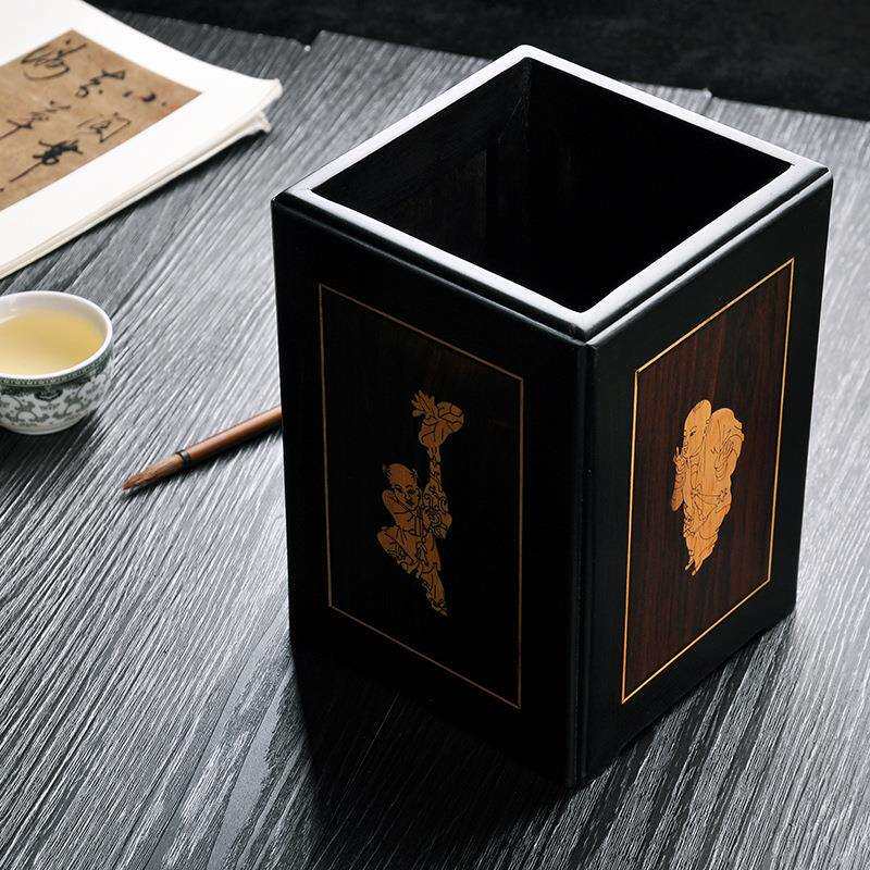 中国风木质文具创意化妆刷铅笔收纳盒办公室桌面方形复古笔筒