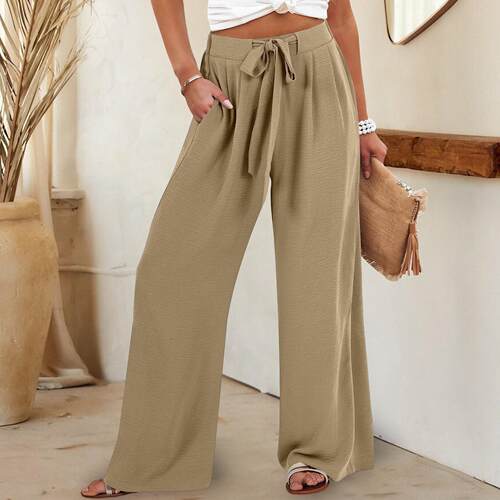 Women's waist rope, wide leg, long pants, women's clothing