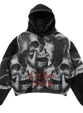 2024跨境万圣节骷髅嘻哈复古街头服饰3D数码印花拉链连帽衫卫衣