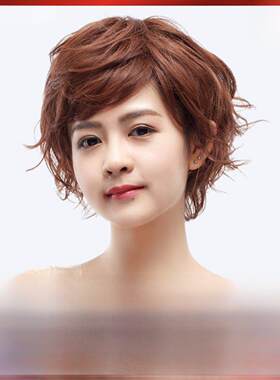 采购产品假发妇女短发，斜刘海，短卷发，梨花烫发，短发风格，中