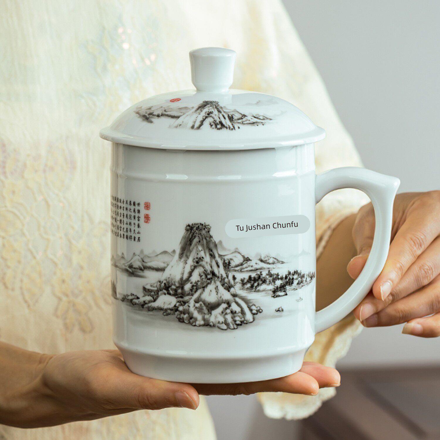 德化1000毫升特大泡茶杯陶瓷带盖茶缸家用大容量水杯办公室个人杯