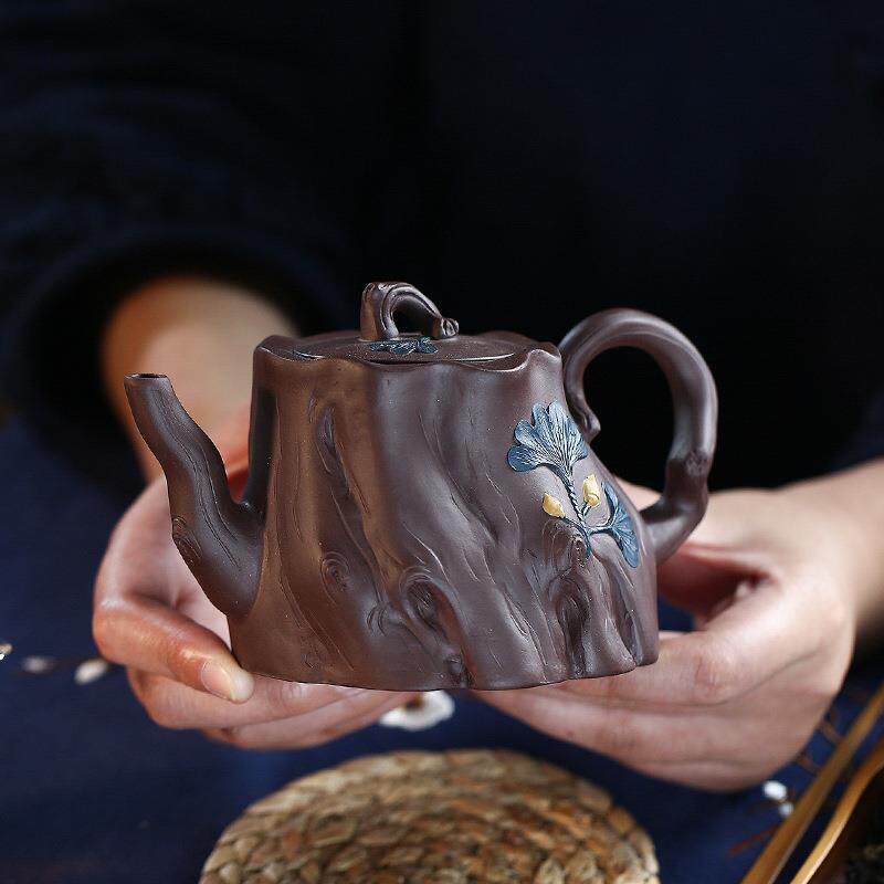 紫砂壶宜兴名家全手工大容量茶壶 原矿紫茄泥银杏树桩泡茶壶