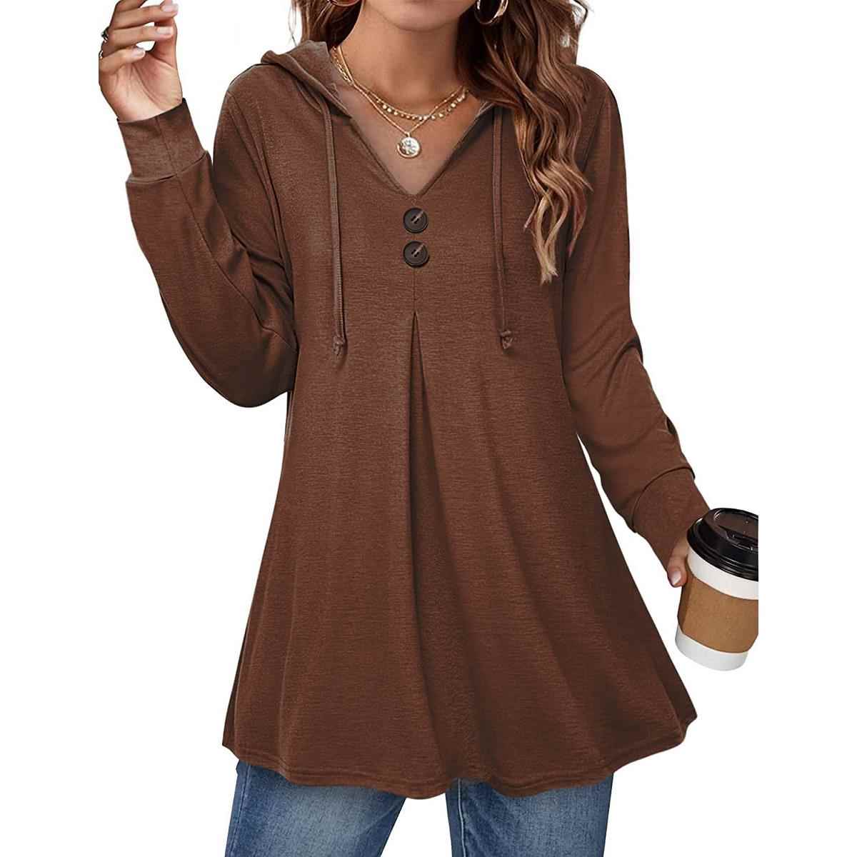 Casual Button V-Neck Long Sleeve Hooded Top Sweatshirt