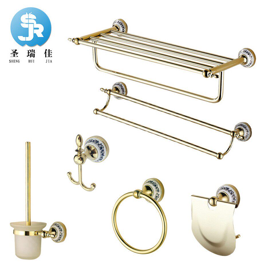 圣瑞佳卫浴五金挂件套装毛巾架青花瓷系列壁挂收纳毛巾杆挂钩跨境