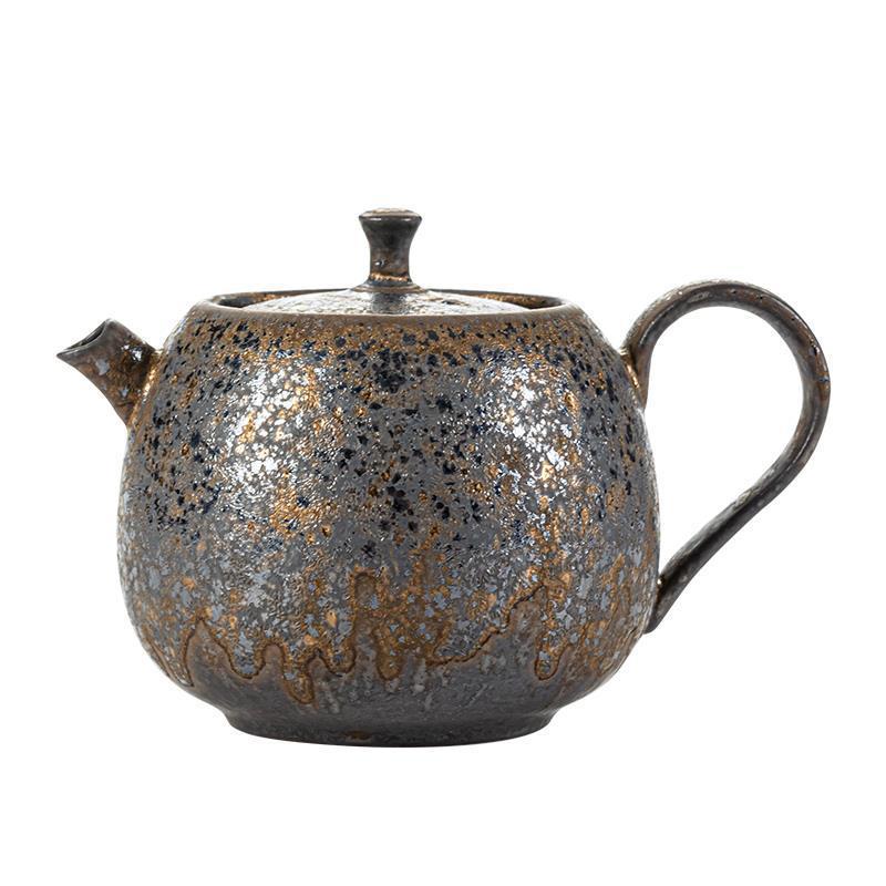 日式粗陶茶壶鎏金秞泡茶器单壶家用功夫茶具手工复古陶瓷圆润大壶