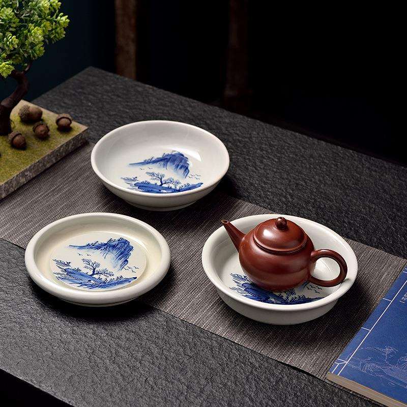 纯手工彩画青瓷茶壶承养壶垫陶瓷底座小茶盘茶具茶托茶道釉下彩