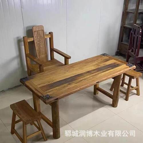 北方老榆木门板茶桌风化实木茶台复古怀旧木板桌子原木餐桌椅