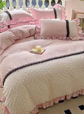 27225新2款撞色0双拼立体花夏边床裙四件套-浅-C