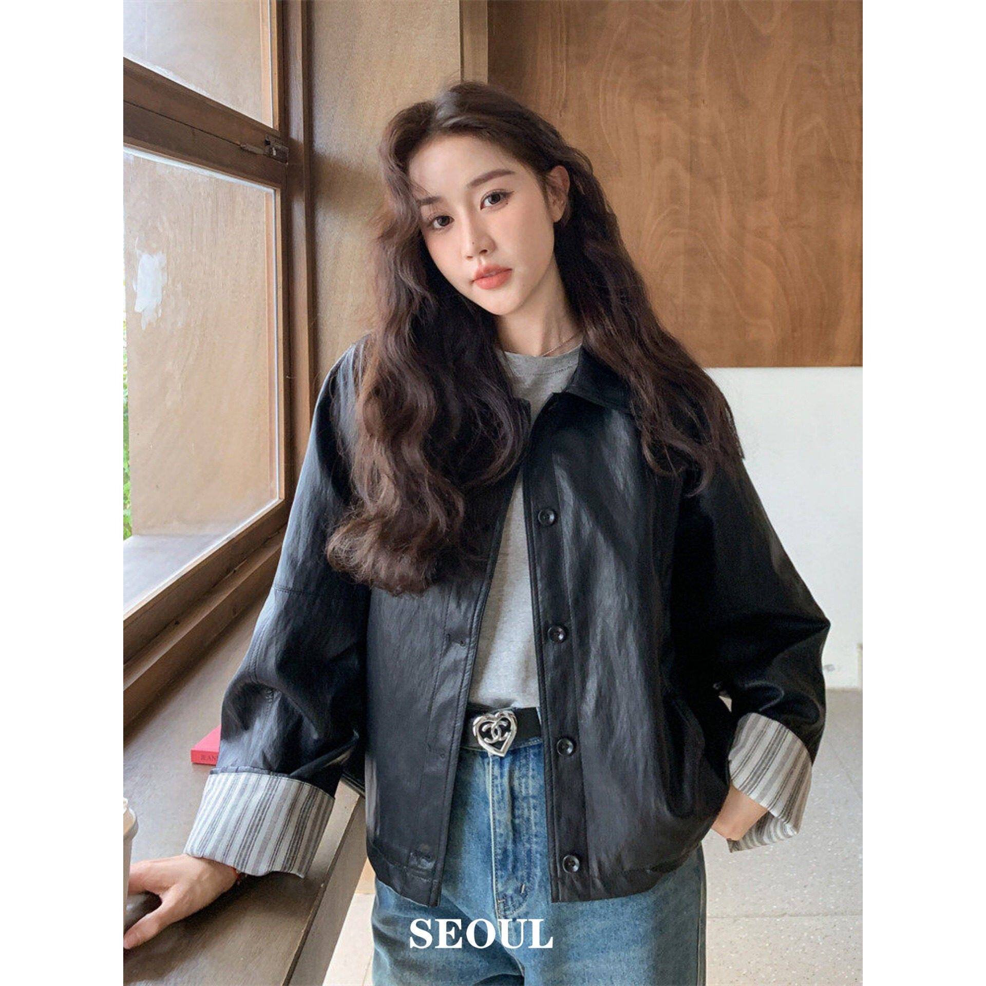 SEOUL喵/撞色休闲皮衣外套女2026春秋新款黑色高级感小个子PU夹克