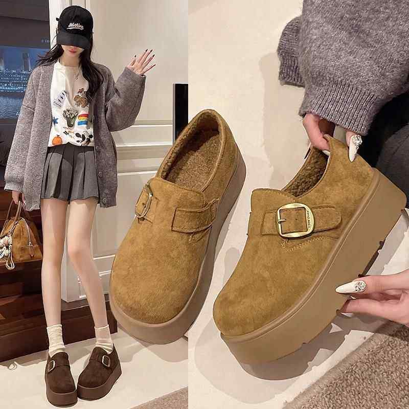 厚底全包勃肯鞋女冬加绒2025新款复古一脚蹬乐福鞋反绒皮保1215r