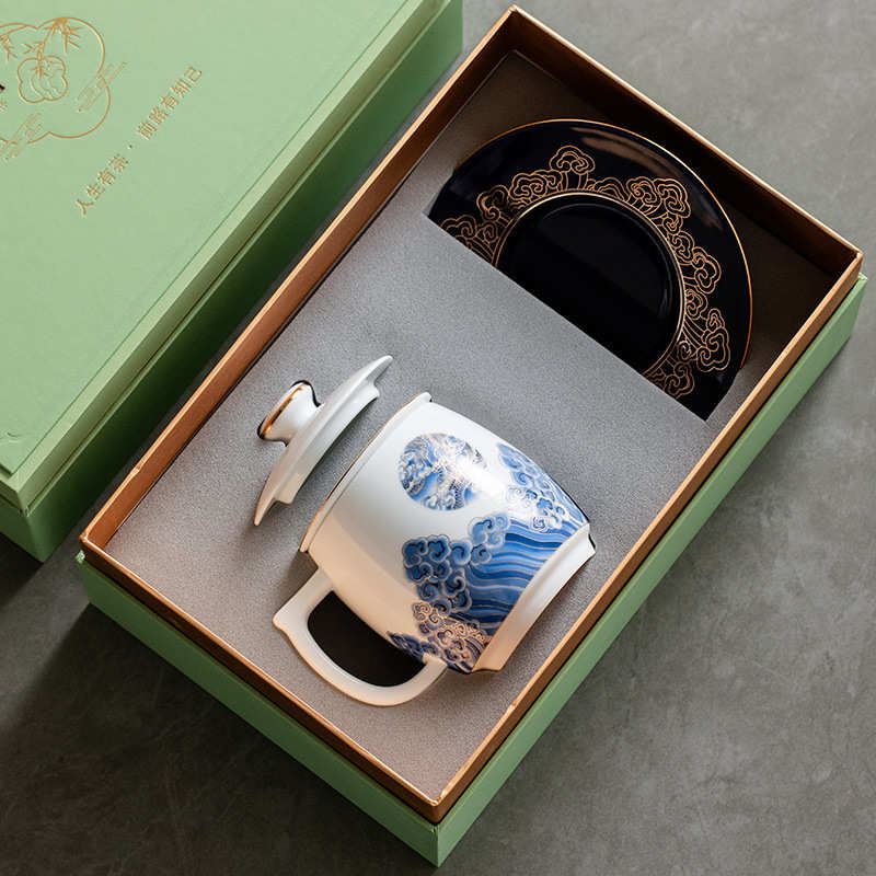 轻奢青花瓷茶杯茶叶罐带盖办公个人泡茶陶瓷水杯会议礼品批发印制