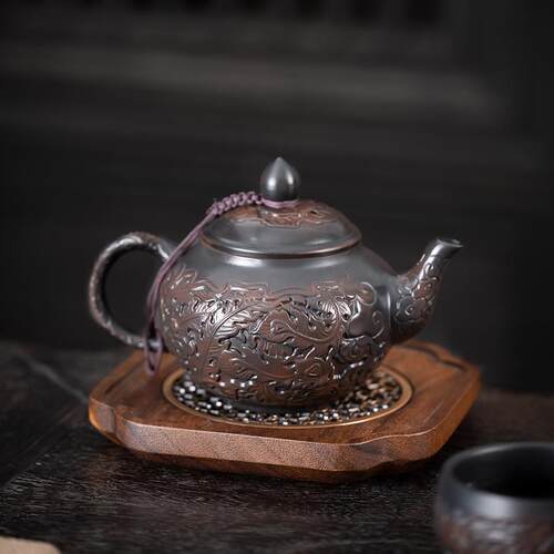 一壶两杯紫陶凤鸣壶满雕龙凤呈祥大容量茶壶手工制作茶具功夫泡茶