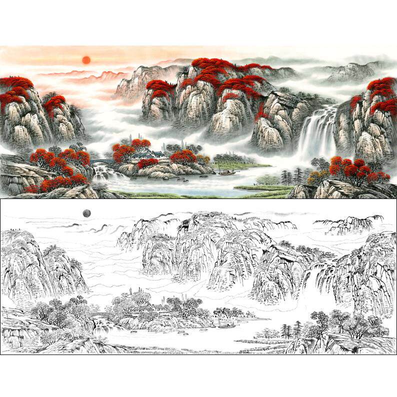 高清风景工笔山水白描底稿大横幅鸿运当头用作临摹勾线打印稿L730