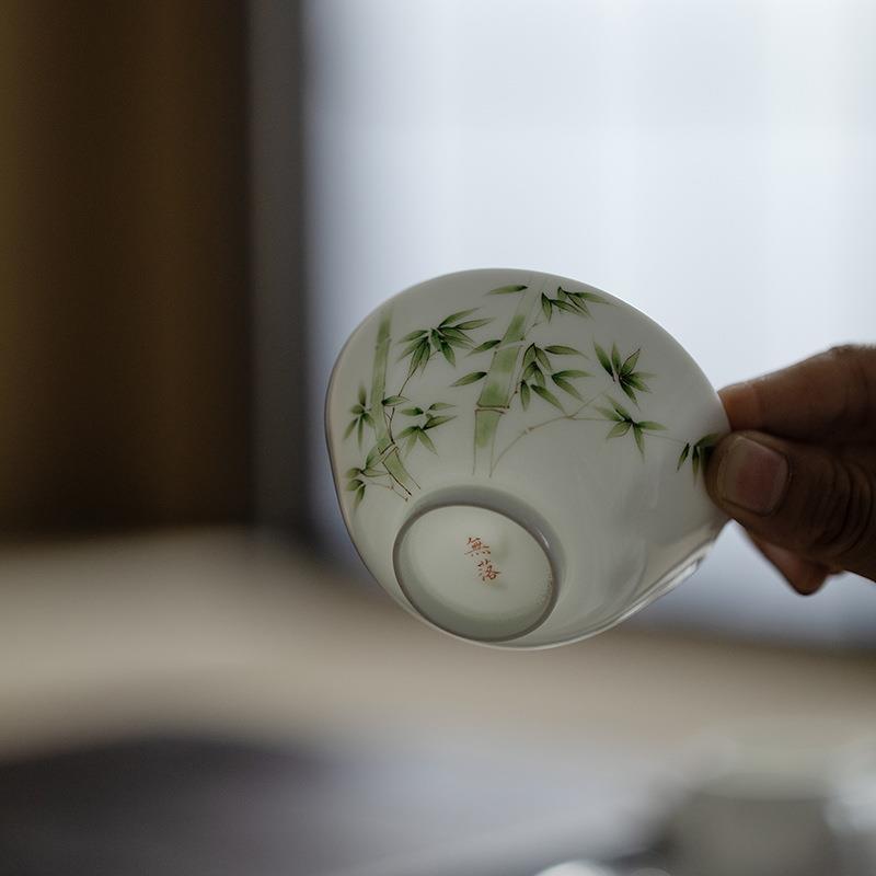 无落景德镇手工超薄胎主人杯釉下彩手绘竹风歌品茗杯日式玉泥茶杯