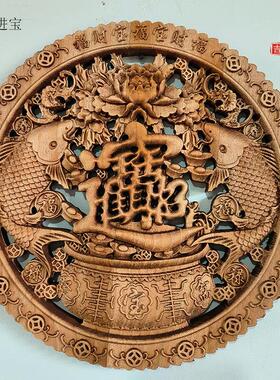 东阳木雕圆形香樟木福字挂件中式彷古客厅装饰壁挂背景墙雕花工艺