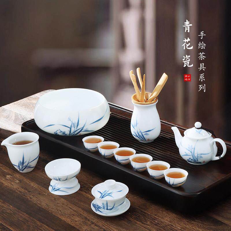 手绘兰花羊脂玉白瓷功夫茶具整套装家用现代简约会客茶壶茶杯盖碗