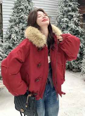 红色级感牛角大连毛领派克C206-L65服外套女冬新款休闲扣帽加厚棉