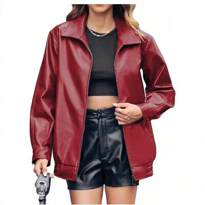 Danedvi Women's Oversized Leather Lapel Bomber Jacket Long
