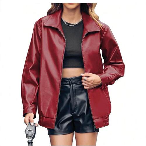Danedvi Women's Oversized Leather Lapel Bomber Jacket Long