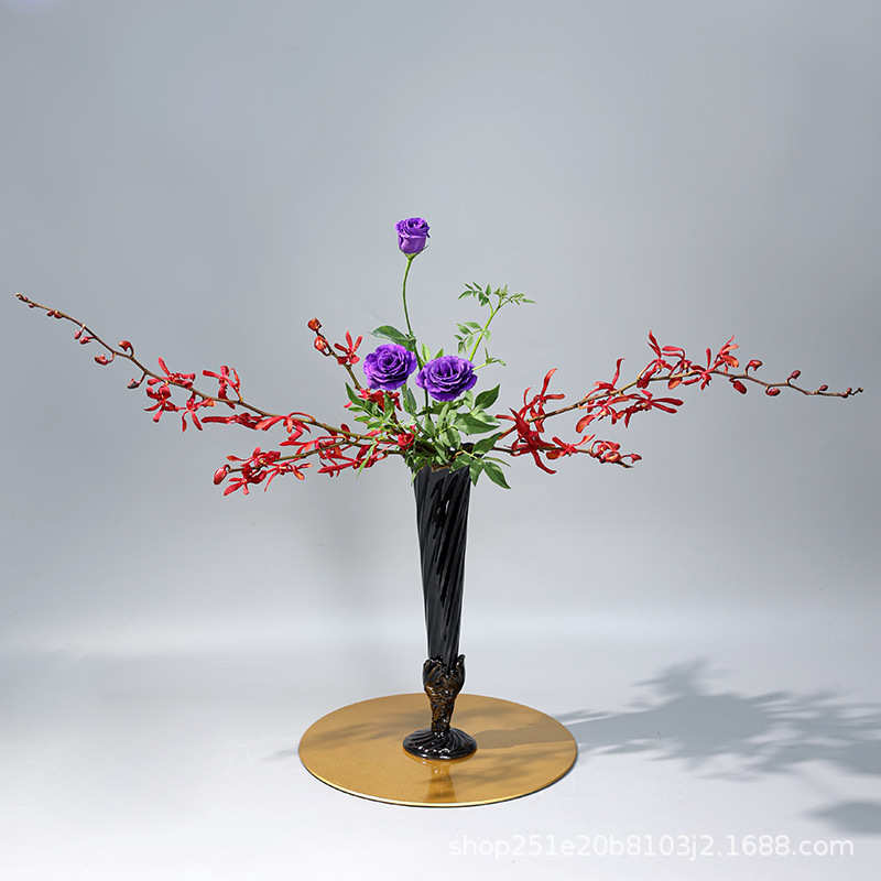 陶瓷高壁花瓶花器日式小原流池坊高脚插花器皿客厅家居摆件插花器