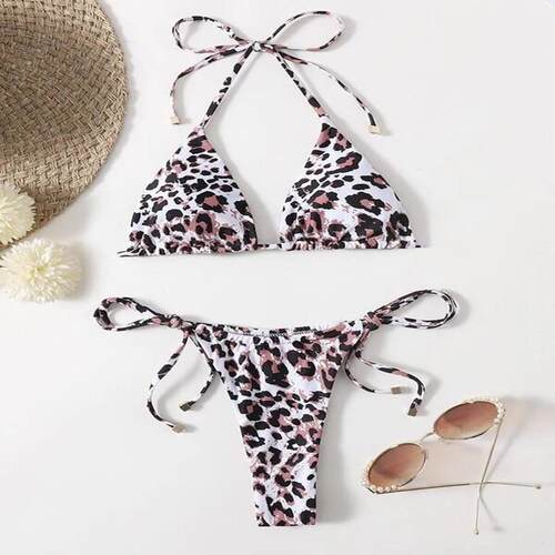 Printed triangle double-sided lace up bikini women's