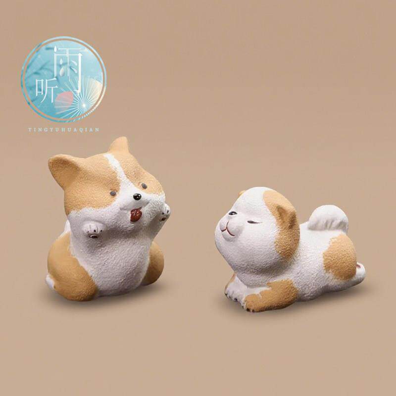 紫砂茶宠狗摆件手工泥绘生肖柯基贵宾犬茶玩茶具配件家居装饰可养