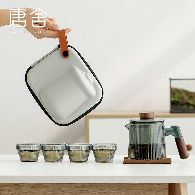 唐舍耐热玻璃旅行茶具功夫泡茶户外旅游一壶四杯收纳快客杯便携式