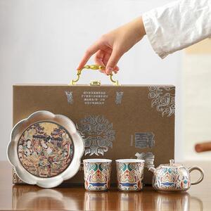 敦煌文创金银错便捷茶具小套装陈德生大师手工高档送礼银茶壶杯子