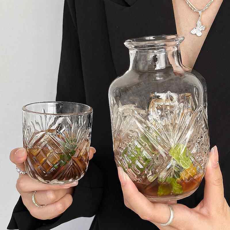 日式一壶一杯带盖家用喝水杯一人饮玻璃冰花套装水果茶杯冷饮料杯