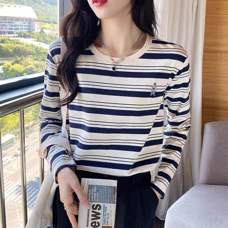 欧洲站正肩条纹T恤女2025新款春秋冬圆领百搭修身内搭长袖内搭衣