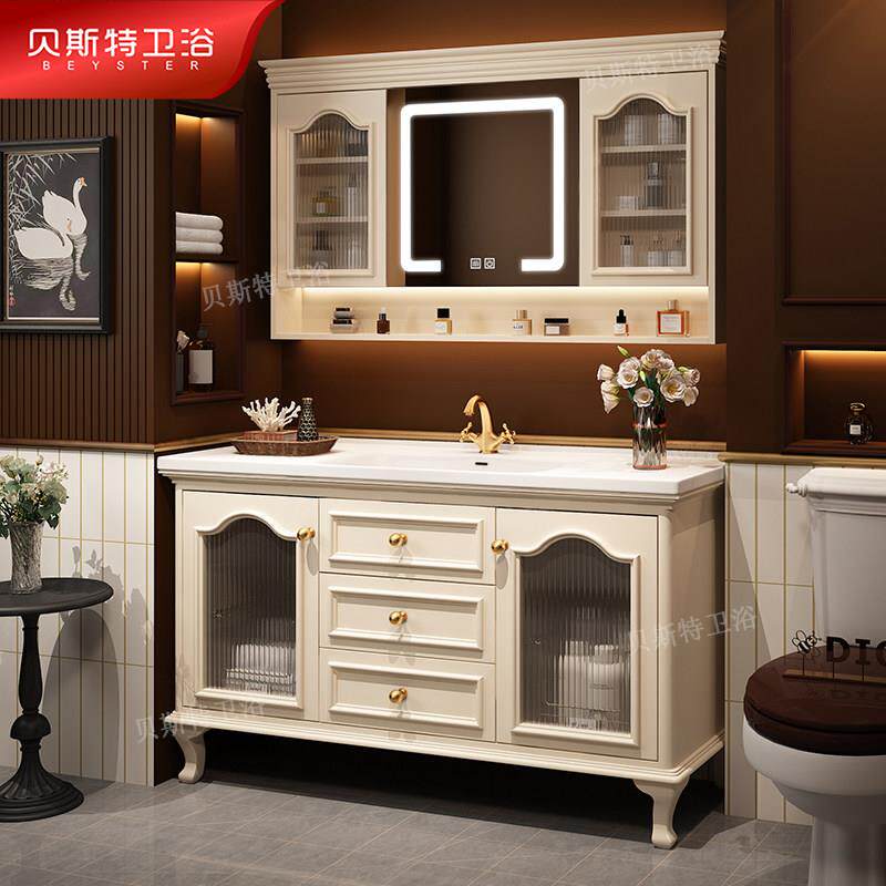 美式橡木实木浴室柜组合卫生间落地式陶瓷一体盆洗漱台洗手盆定制