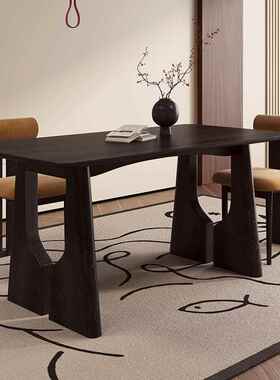 法式黑色实木餐桌轻奢家用小户型中古风饭桌设计师长桌书桌工作台