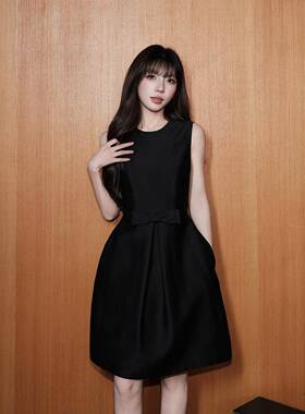 avenement/蝴蝶结圆领收腰赫本裙白色连衣裙小黑裙裙子礼服女春夏