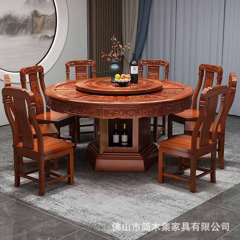 花梨木全实木餐桌椅组合中式仿古雕花大圆桌红木餐桌家用带转盘,住宅家具,餐桌椅+餐车,淘宝优惠券,粉丝福利购,淘宝优惠卷