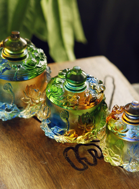 佛堂供具浮雕莲花贡杯供佛财神观音七彩琉璃供水杯大悲水圣水杯