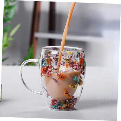 Creative Double Wall Glass Cup Real Flower Conch Flash Fille