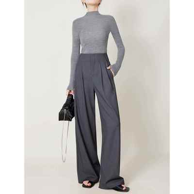 庄周2025春夏天丝羊毛高腰直筒阔腿裤拖地松弛感灰色西装裤女