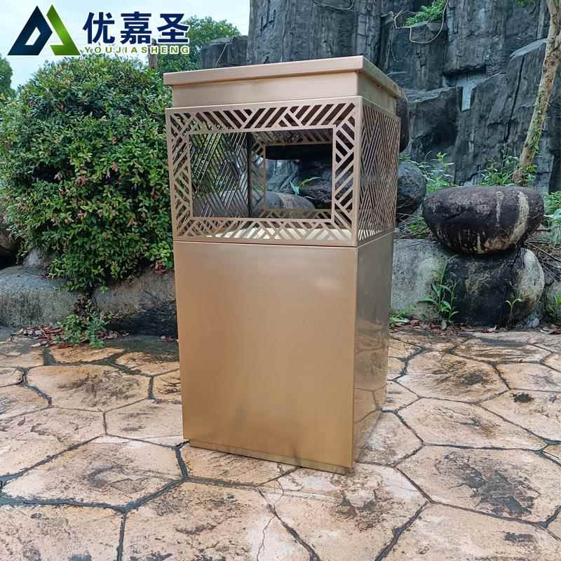 户外庭院不锈钢镀铜拉丝垃圾桶室外花园仿铜果皮箱
