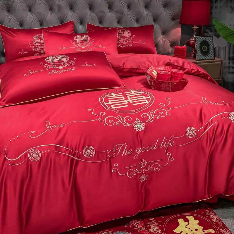 高档大高档奢华欧式绣婚庆四件套全棉红色床单被套棉结婚床上刺用