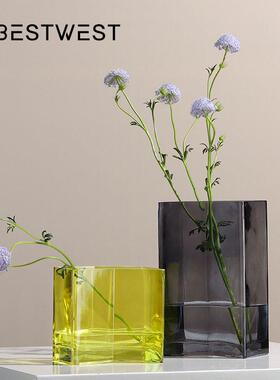 博西家居不规则灰色透明水培扁缸插花花ins家居软装饰品花器