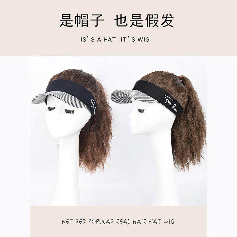 新款直销假发女长发一体空顶帽子时尚全头套千鸟格夏季仿真马尾鸭