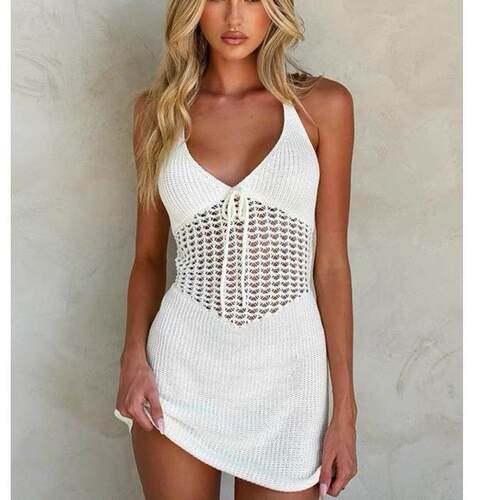 Women Out Halter Knit Sleeveless Dress V Neck Tie Front