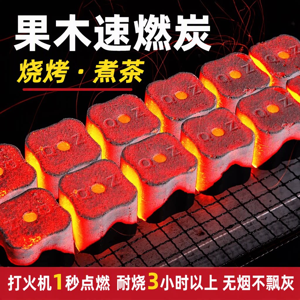 速燃果木炭烧烤碳无烟耐烧易燃家用户外竹炭块围炉煮茶带孔木炭