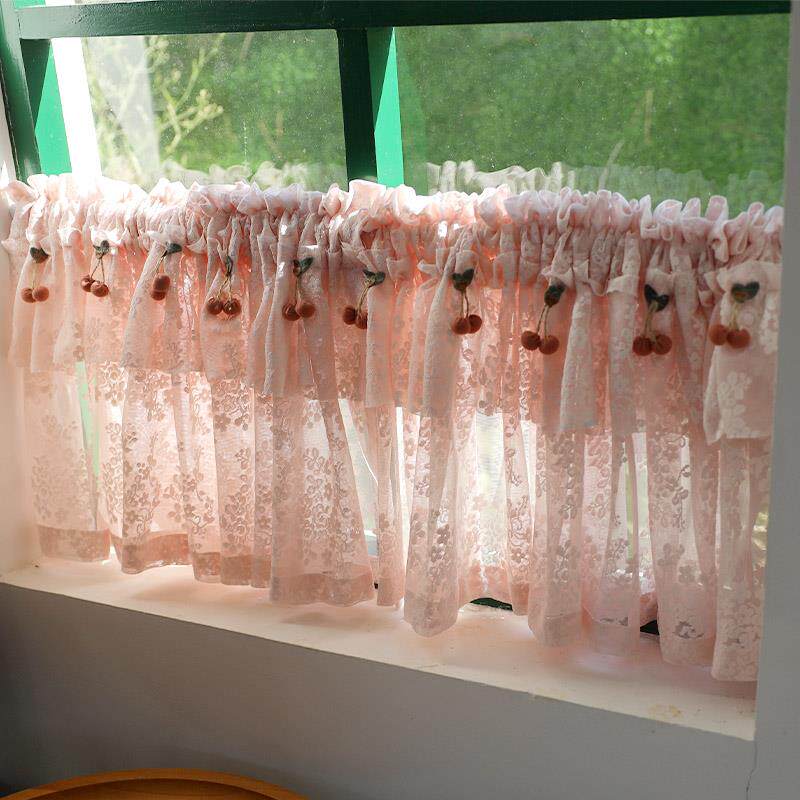 无冲孔咖啡窗帘樱桃短窗帘粉色蕾丝薄纱窗帘半帘隔断柜隔断装饰门