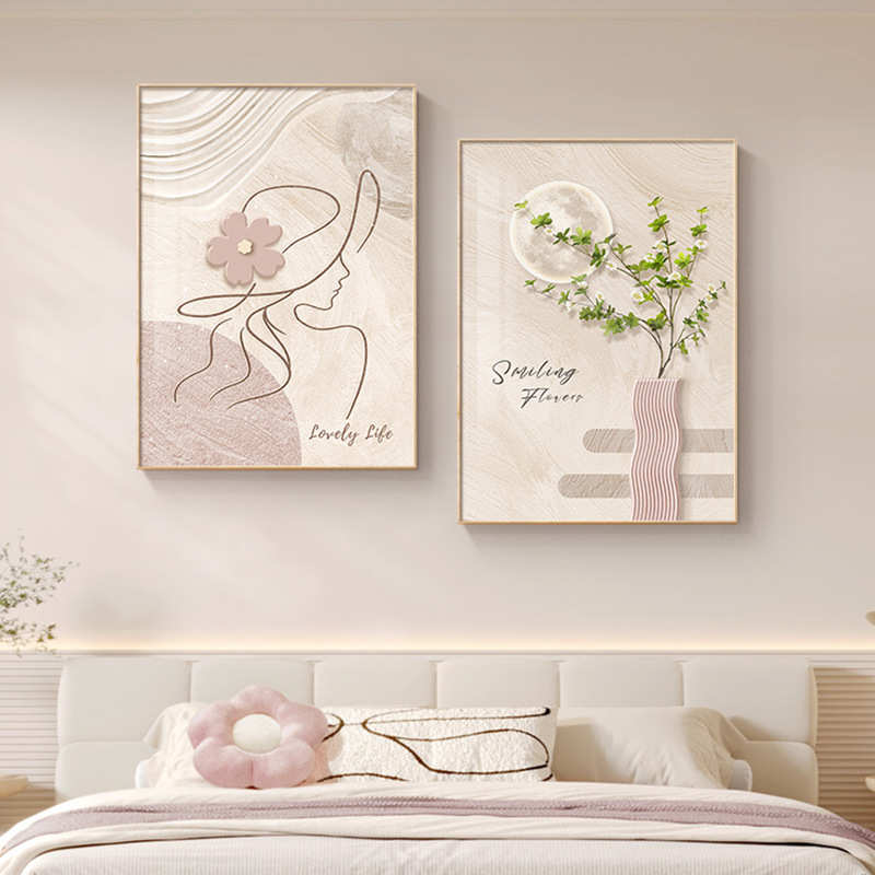 现代简约卧室床头装饰画抽象线条人物挂画奶油风原木风客厅墙壁画图片