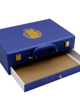 pu抽皮房地产楼盘交房盒翻QDJ盖型屉式革双宝层蓝色锁扣手提交房