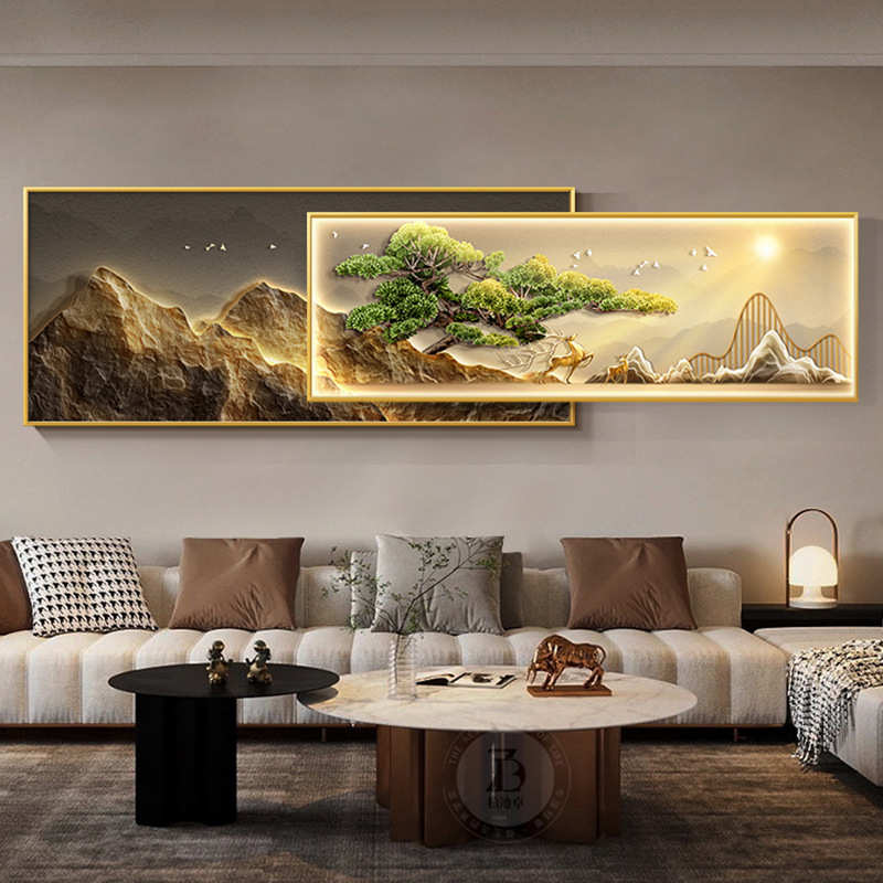 日照金山客厅装饰画新中式沙发背景墙挂画迎客松高档大气叠加壁画